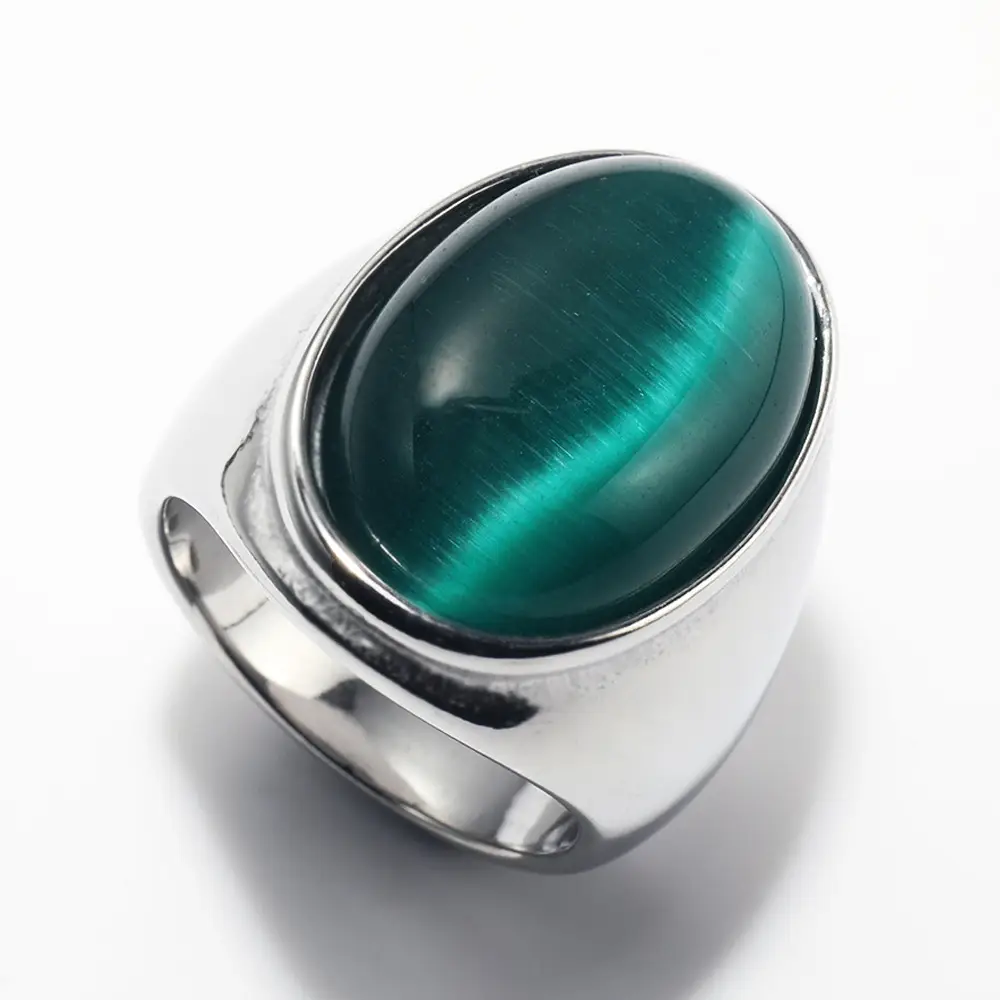 Men's Oval Marble Titanium Steel Ring Silver White - Image 3