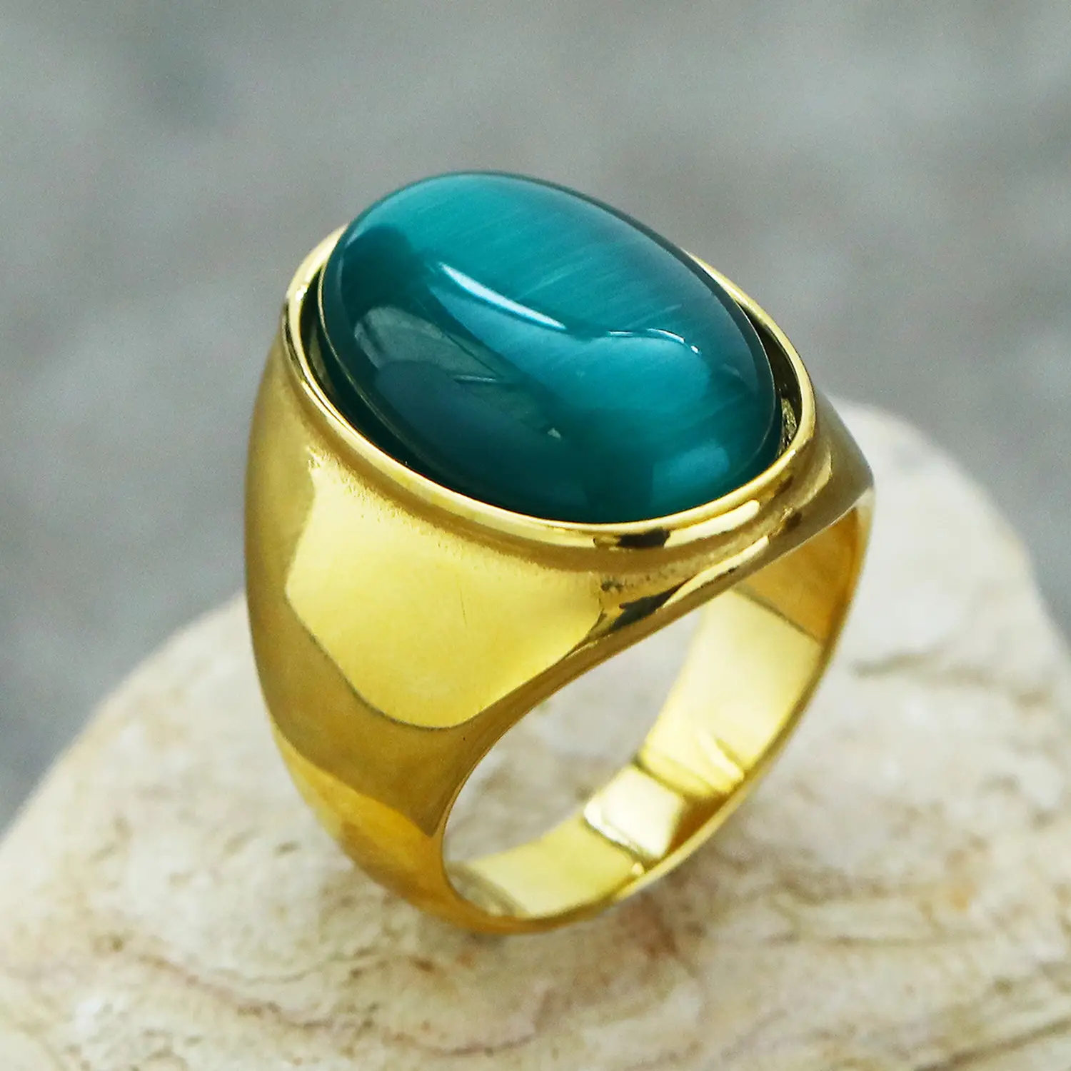 Men's Oval Marble Titanium Steel Ring Silver White - Image 8