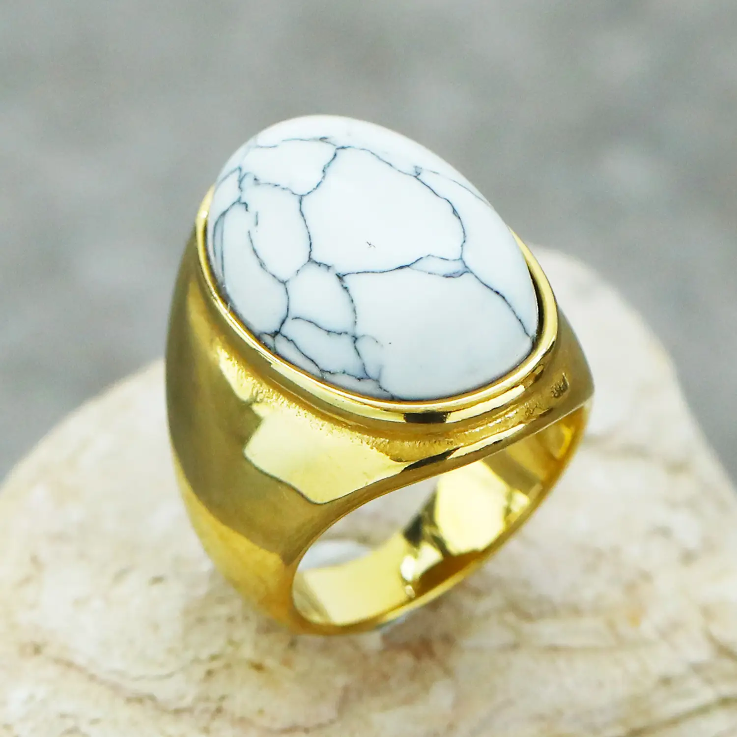 Men's Oval Marble Titanium Steel Ring Silver White - Image 9