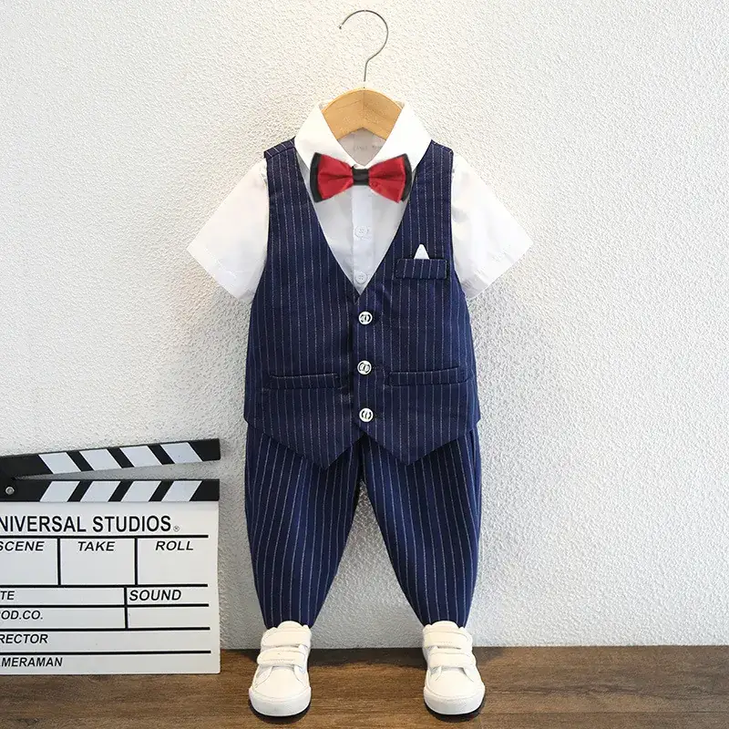 Boys Blue Piped Vest Suit with Bow Tie Summer Wear - Image 7