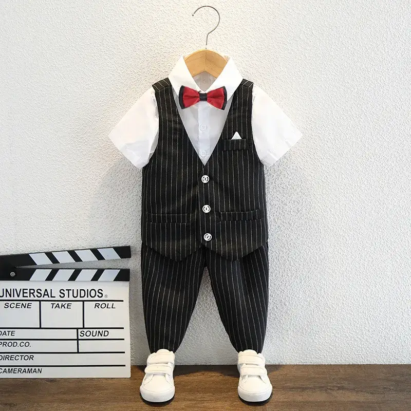 Boys Blue Piped Vest Suit with Bow Tie Summer Wear - Image 8