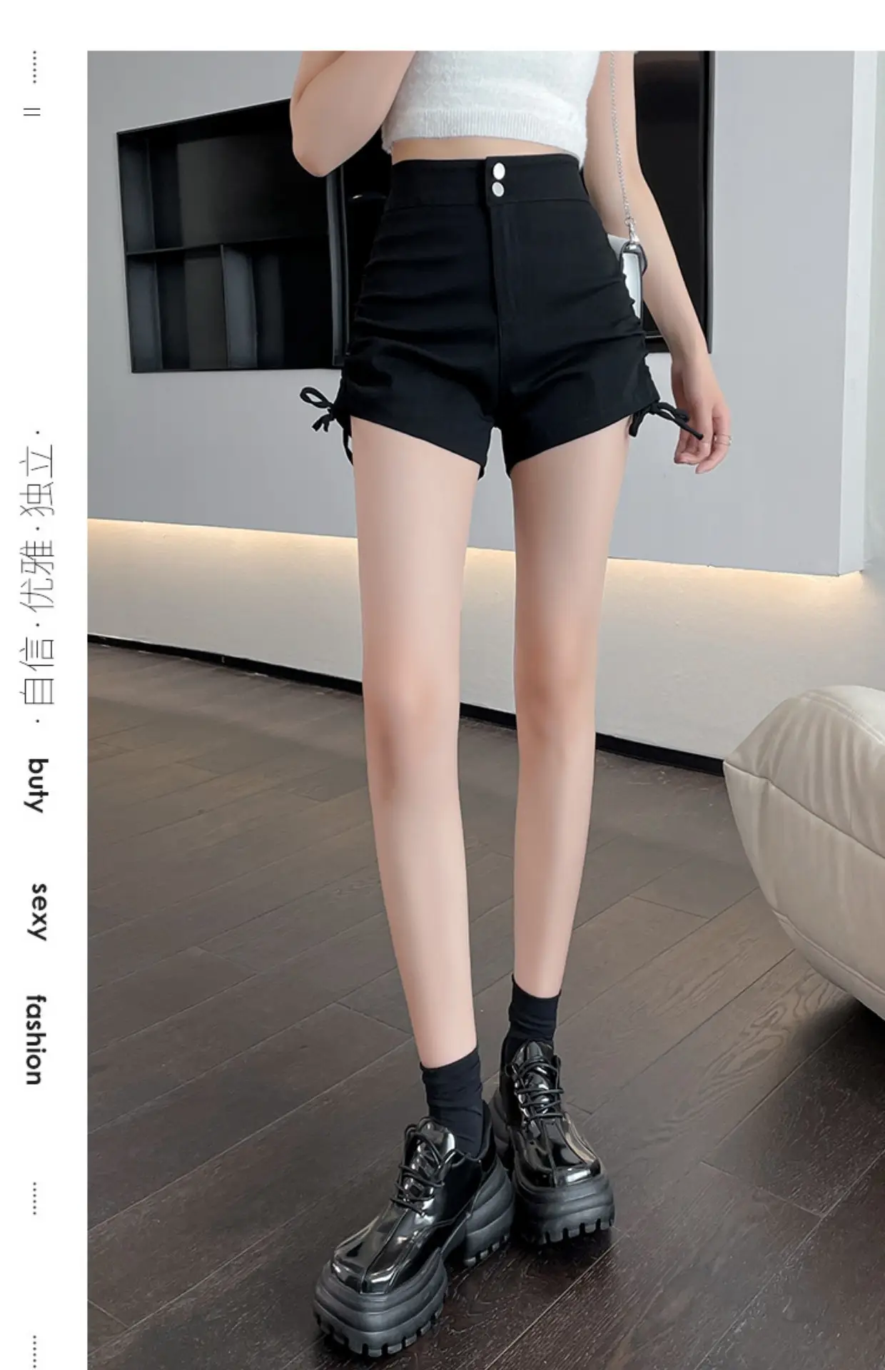 Black High-Waist Drawstring Shorts for Women — feature 12