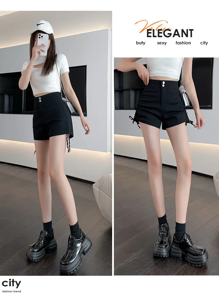 Black High-Waist Drawstring Shorts for Women — feature 9