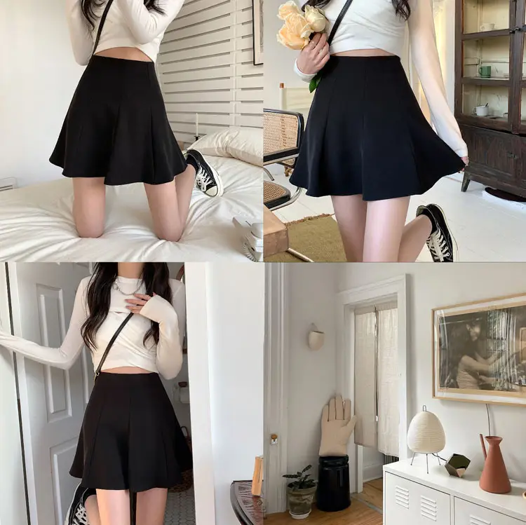 Plus-Size Black Pleated Skirt with Anti-Exposure Ruffles — feature 3