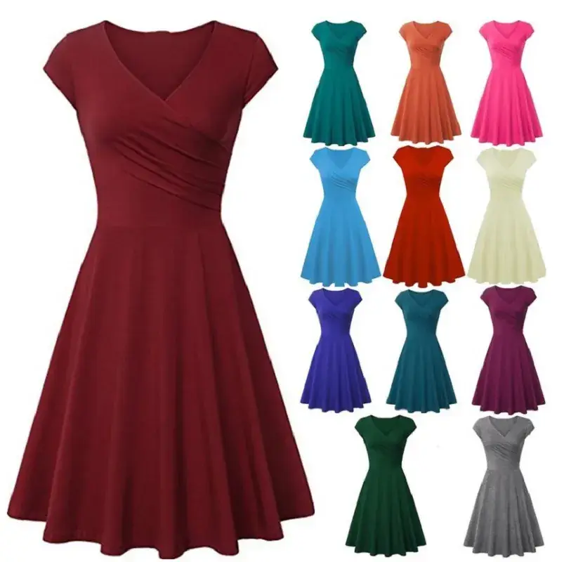 Blue V-Neck Flared Dress for Women - Image 17
