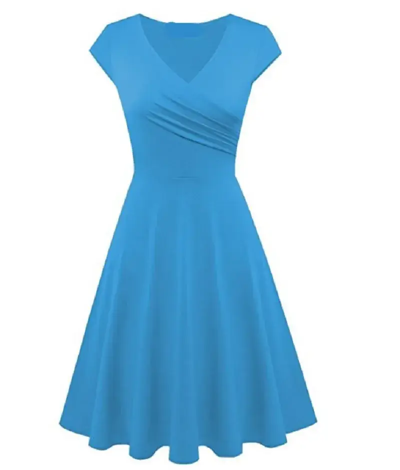 Blue V-Neck Flared Dress for Women - Image 6