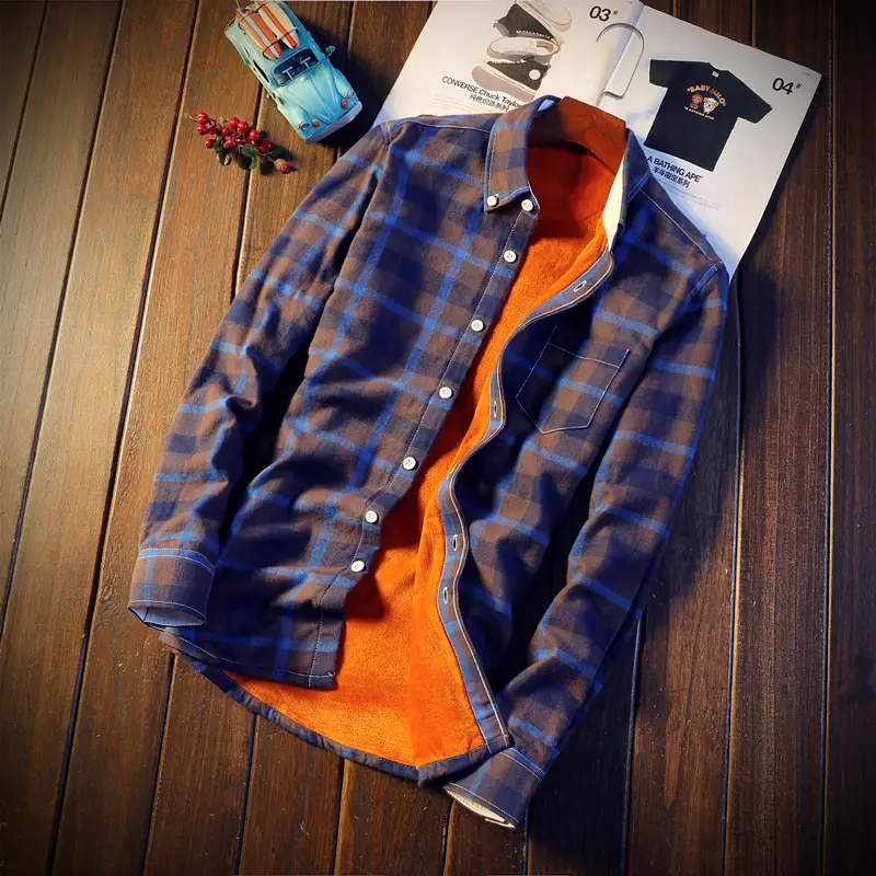Winter Men's Plaid Fleece Shirt Blue Orange - Image 7