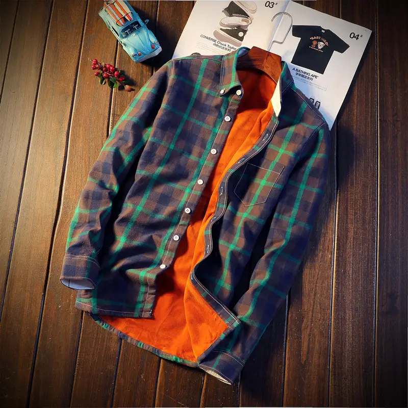Winter Men's Plaid Fleece Shirt Blue Orange - Image 8