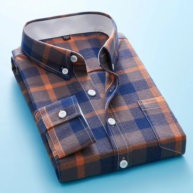 Winter Men's Plaid Fleece Shirt Blue Orange - Image 3