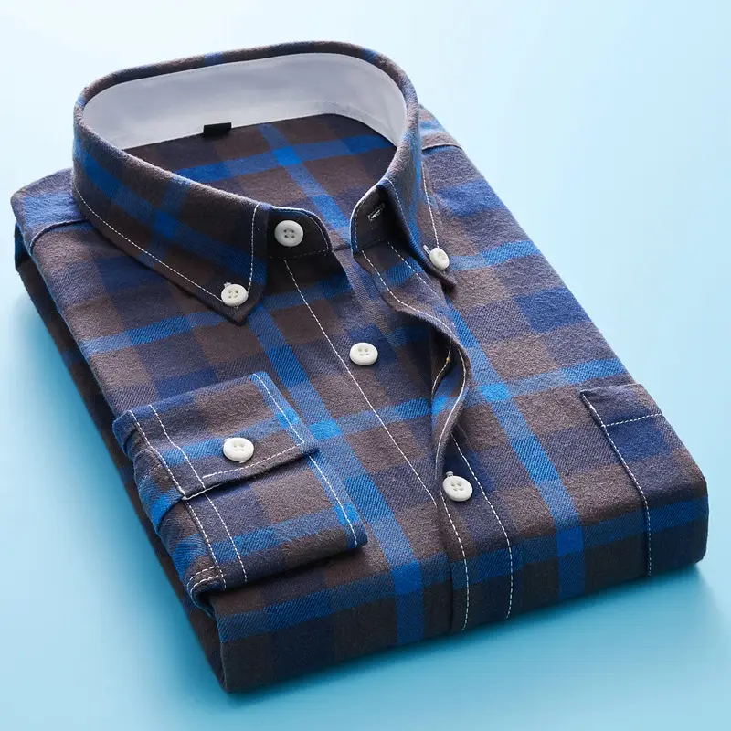 Winter Men's Plaid Fleece Shirt Blue Orange - Image 4