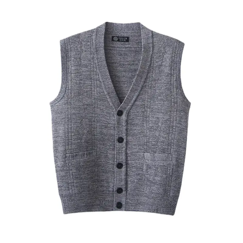 Men's Grey Jacquard V-Neck Vest Single Breasted - Image 12