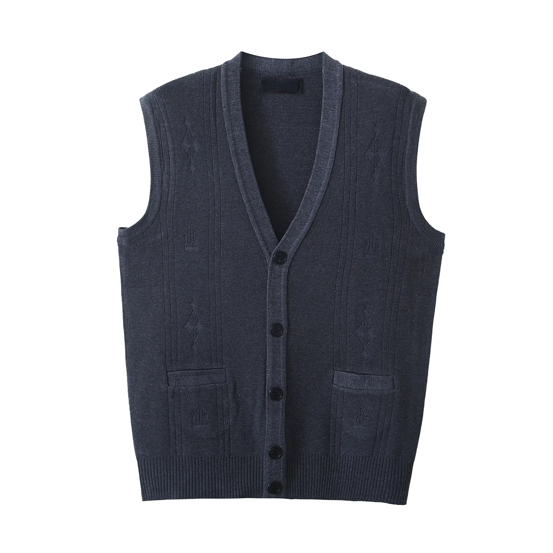 Men's Grey Jacquard V-Neck Vest Single Breasted - Image 5