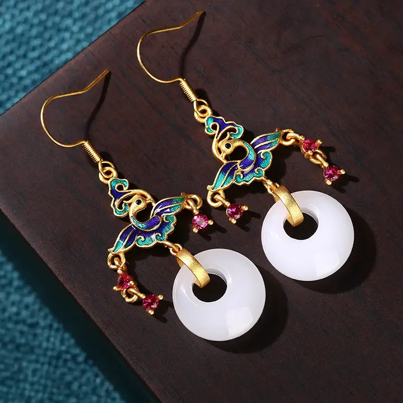 Chinese Flying Phoenix Earrings for Women White Jade Design - Image 2