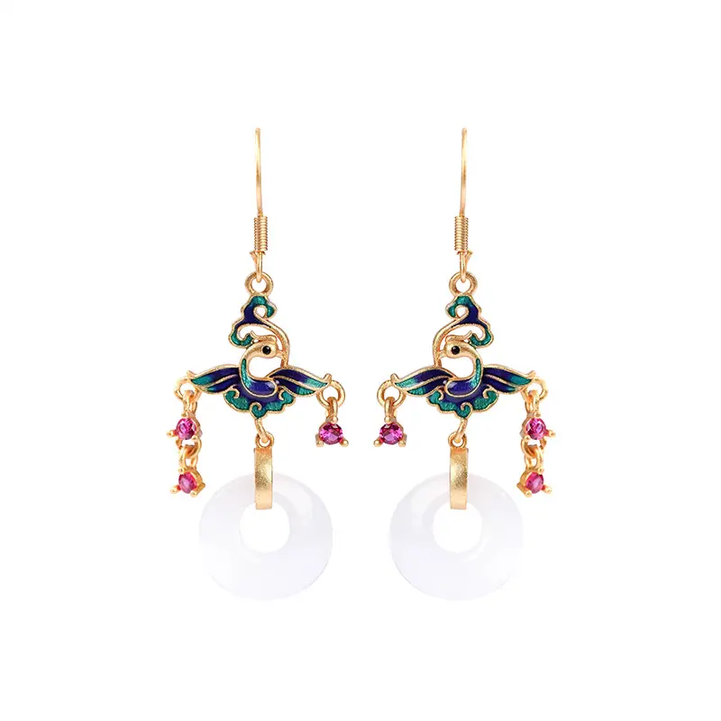 Chinese Flying Phoenix Earrings for Women White Jade Design - Image 5