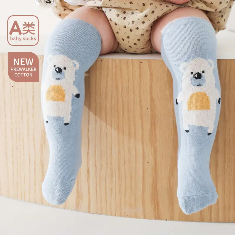 New Kids Cartoon Polar Bear Mid-Calf Socks Light Blue Cotton