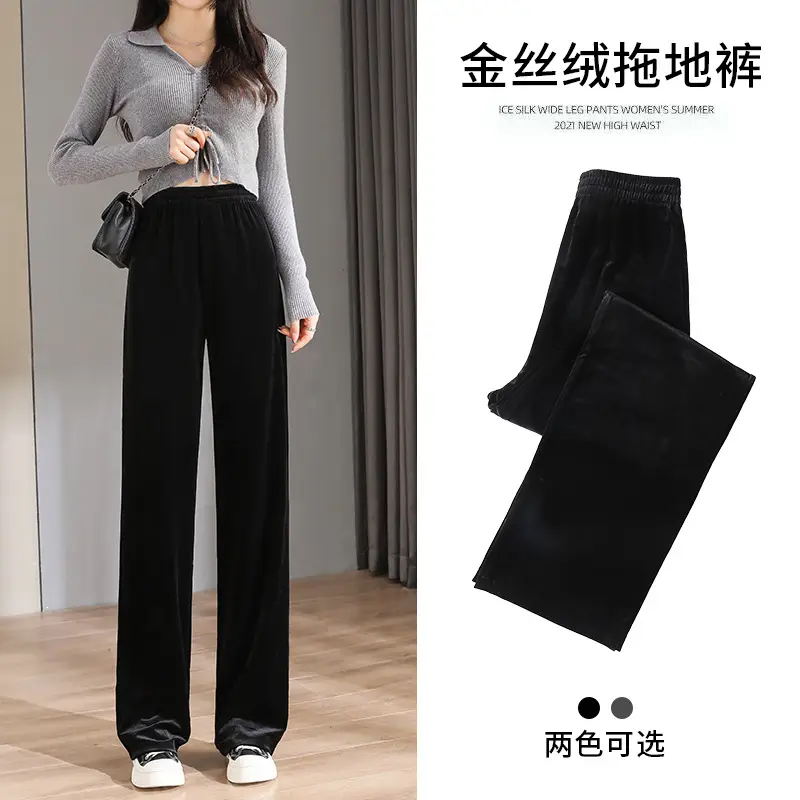 Velvet Wide Leg Pants Black High Waist Loose Drape - Image 9