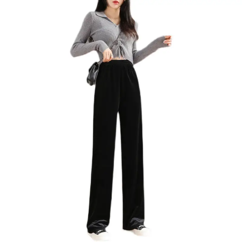 Velvet Wide Leg Pants Black High Waist Loose Drape - Image 11