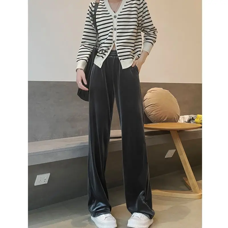 Velvet Wide Leg Pants Black High Waist Loose Drape - Image 4