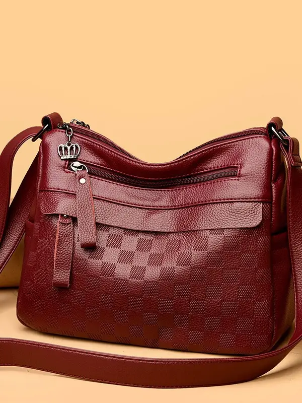 Black Checkered Leather Crossbody Bag for Women