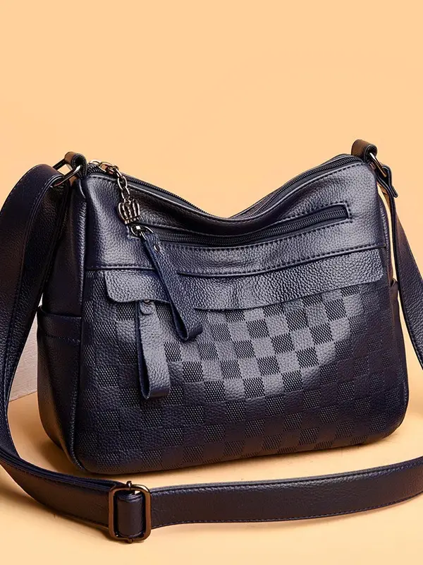 Black Checkered Leather Crossbody Bag for Women