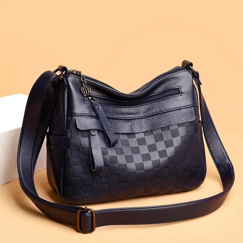 Black Checkered Leather Crossbody Bag for Women
