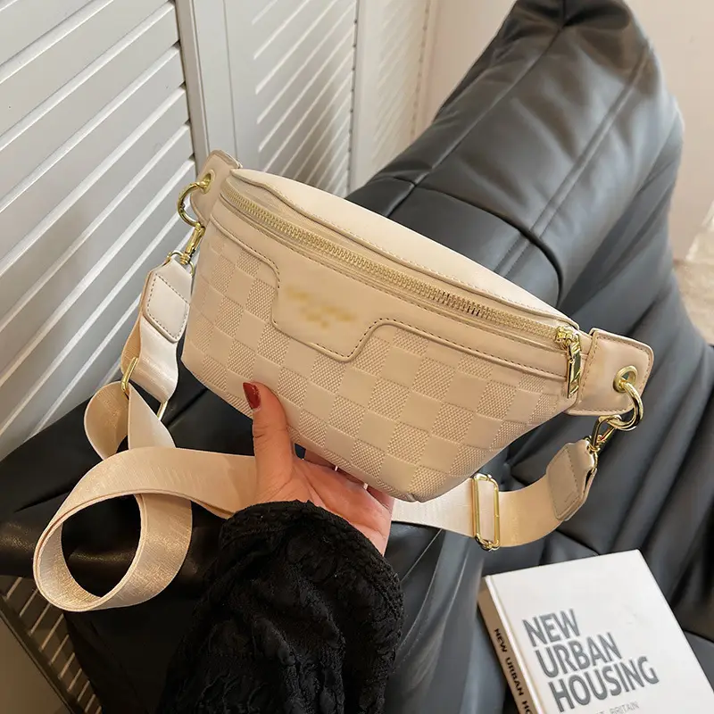 Women Quilted Zipper Crossbody Bag Beige Large Capacity - Image 5