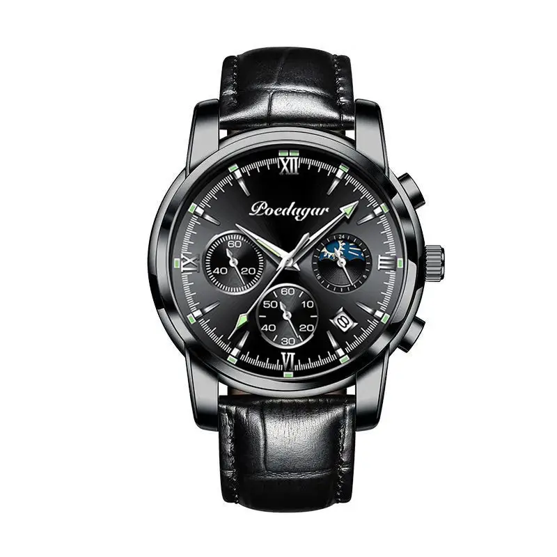 Swiss Men's Waterproof Luminous Chronograph Watch Black Leather Band - Image 10