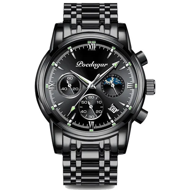Swiss Men's Waterproof Luminous Chronograph Watch Black Leather Band - Image 5
