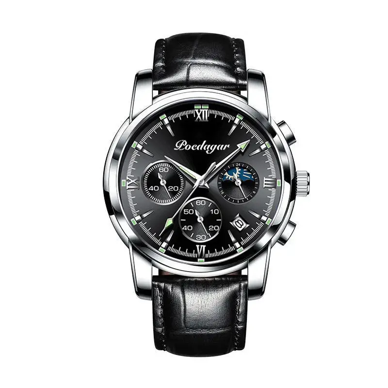 Swiss Men's Waterproof Luminous Chronograph Watch Black Leather Band - Image 6