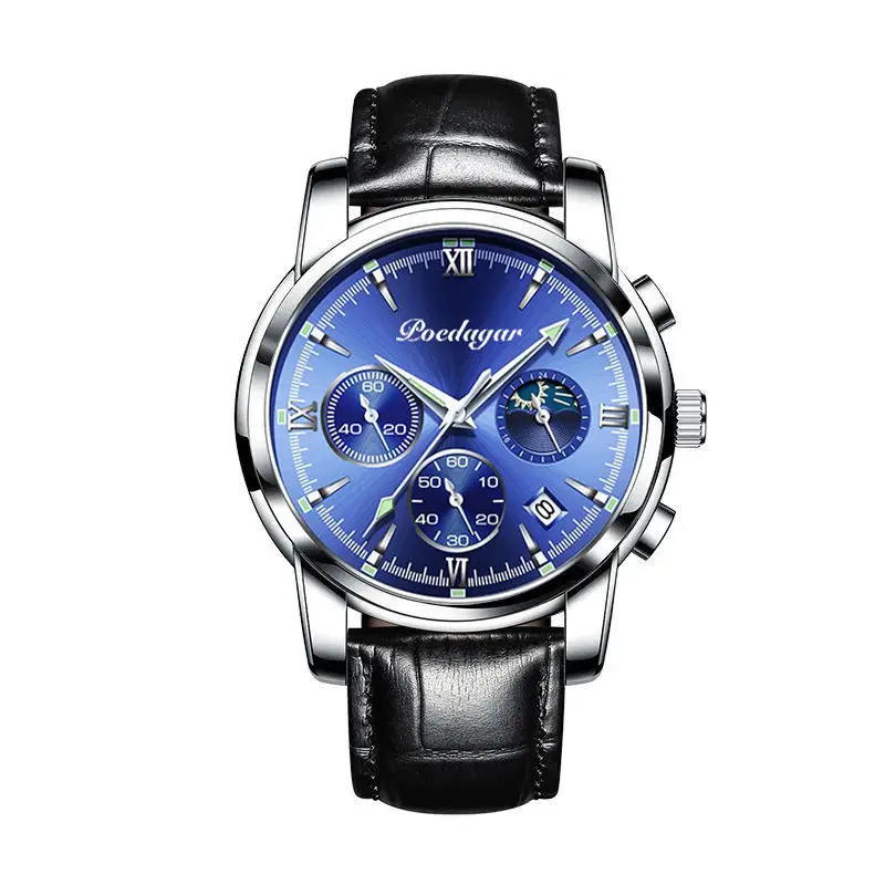 Swiss Men's Waterproof Luminous Chronograph Watch Black Leather Band - Image 7