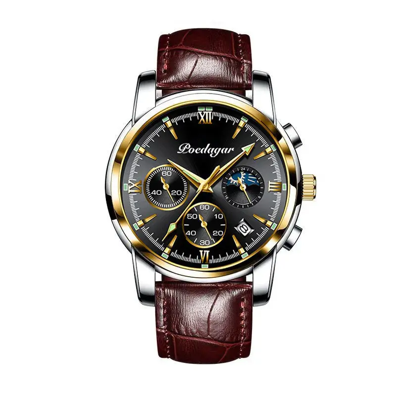 Swiss Men's Waterproof Luminous Chronograph Watch Black Leather Band - Image 8