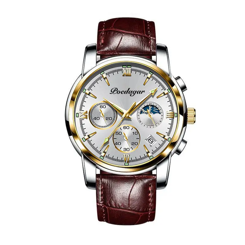 Swiss Men's Waterproof Luminous Chronograph Watch Black Leather Band - Image 9