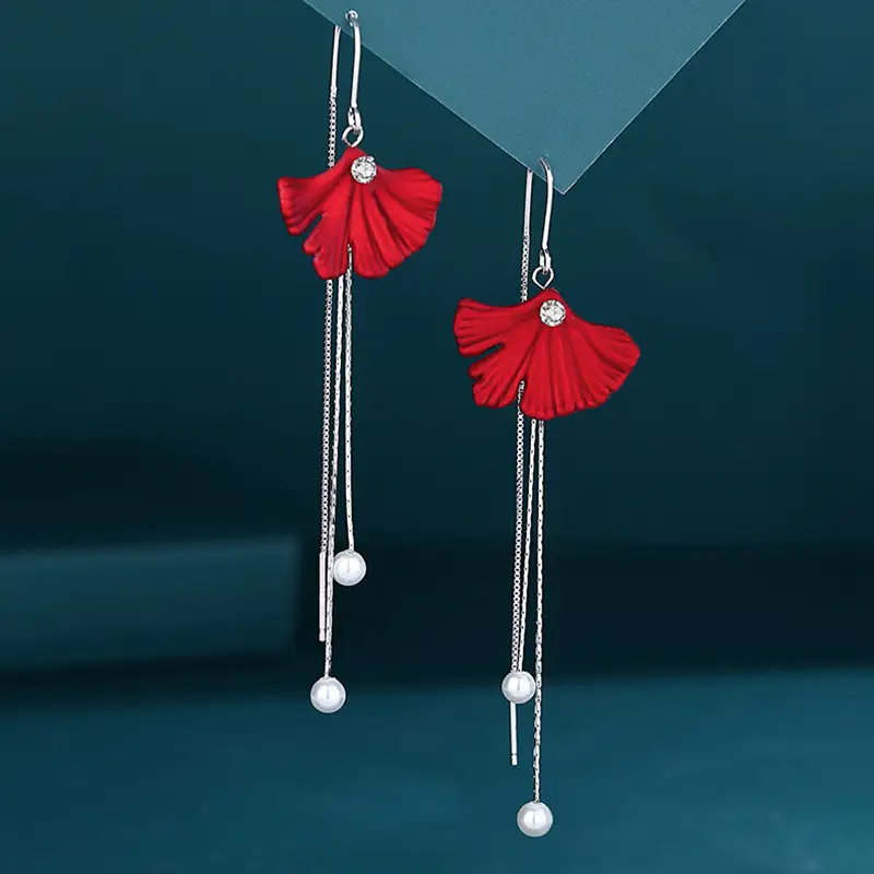 Red Chinese Style Pearl Petal Tassel Earrings for Bridal Wear - Image 10