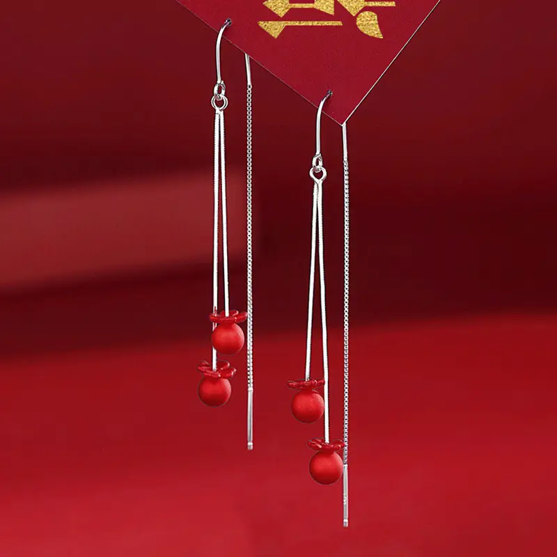 Red Chinese Style Pearl Petal Tassel Earrings for Bridal Wear - Image 11
