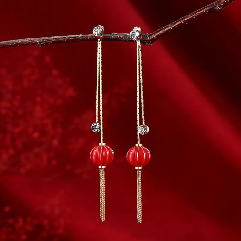 Red Chinese Style Pearl Petal Tassel Earrings for Bridal Wear - Image 17