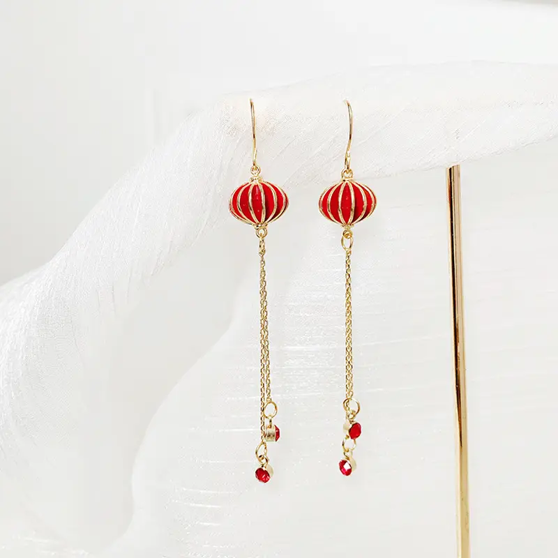 Red Chinese Style Pearl Petal Tassel Earrings for Bridal Wear - Image 18