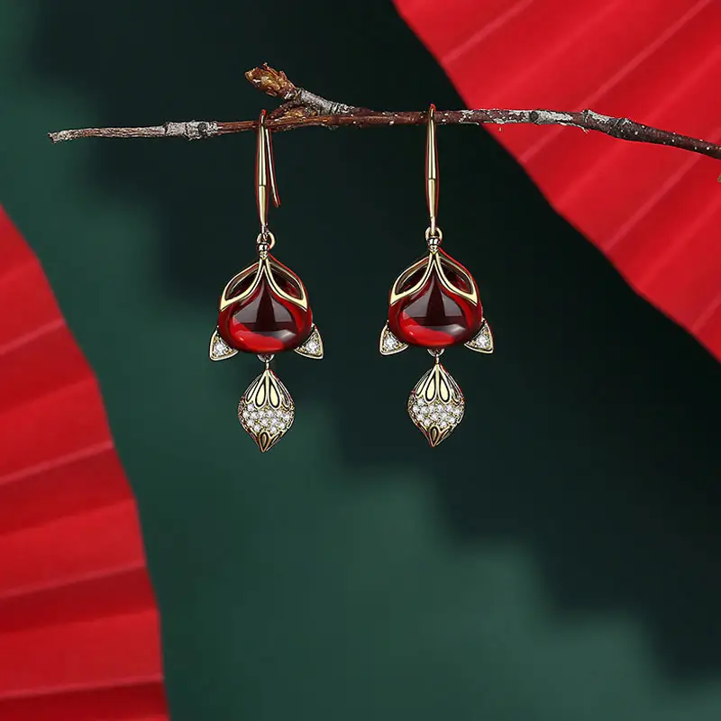 Red Chinese Style Pearl Petal Tassel Earrings for Bridal Wear - Image 24