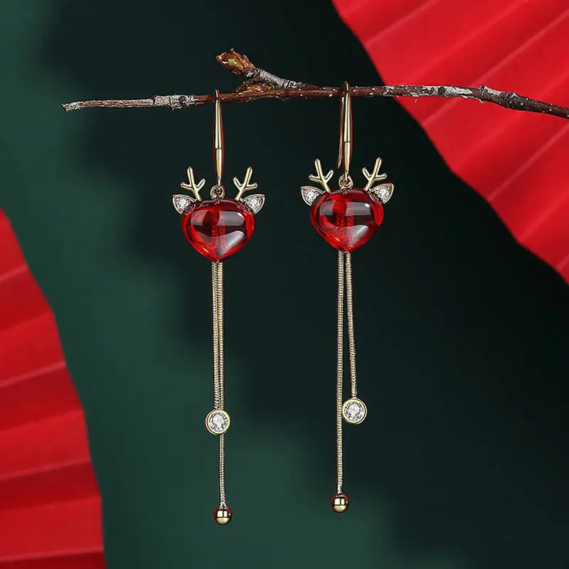 Red Chinese Style Pearl Petal Tassel Earrings for Bridal Wear - Image 25