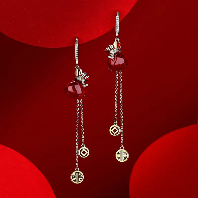 Red Chinese Style Pearl Petal Tassel Earrings for Bridal Wear - Image 28