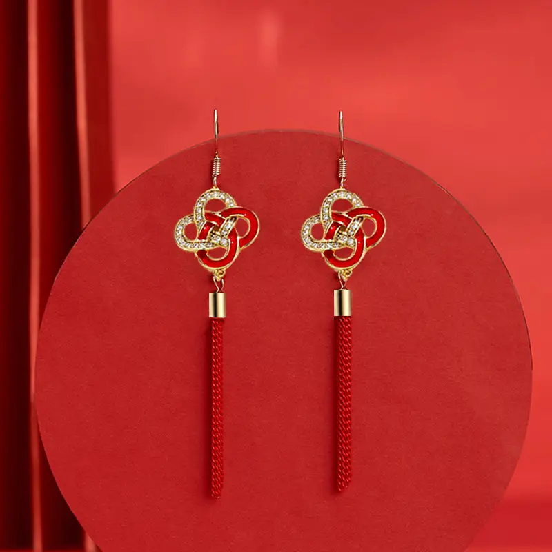 Red Chinese Style Pearl Petal Tassel Earrings for Bridal Wear - Image 4
