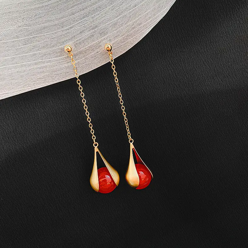 Red Chinese Style Pearl Petal Tassel Earrings for Bridal Wear - Image 40