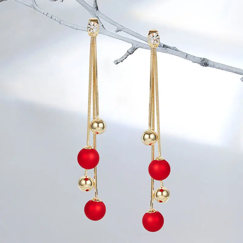 Red Chinese Style Pearl Petal Tassel Earrings for Bridal Wear - Image 43
