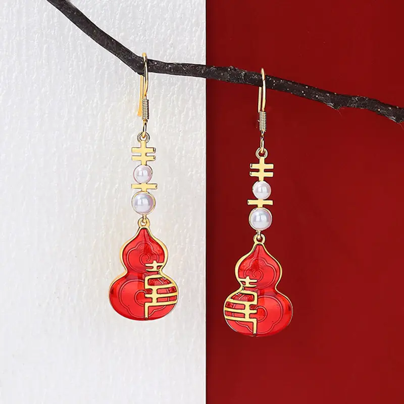 Red Chinese Style Pearl Petal Tassel Earrings for Bridal Wear - Image 44