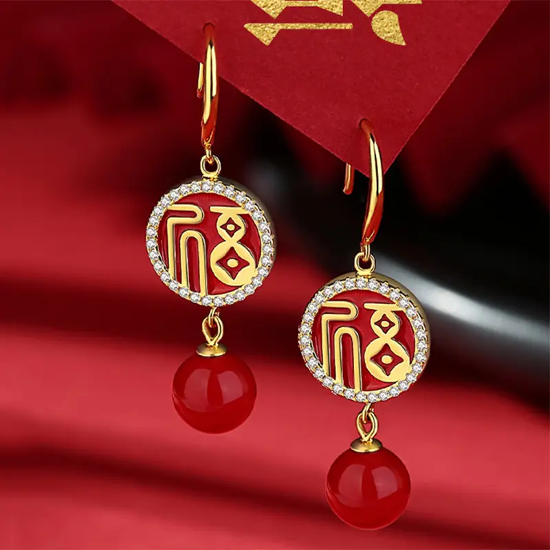 Red Chinese Style Pearl Petal Tassel Earrings for Bridal Wear - Image 5