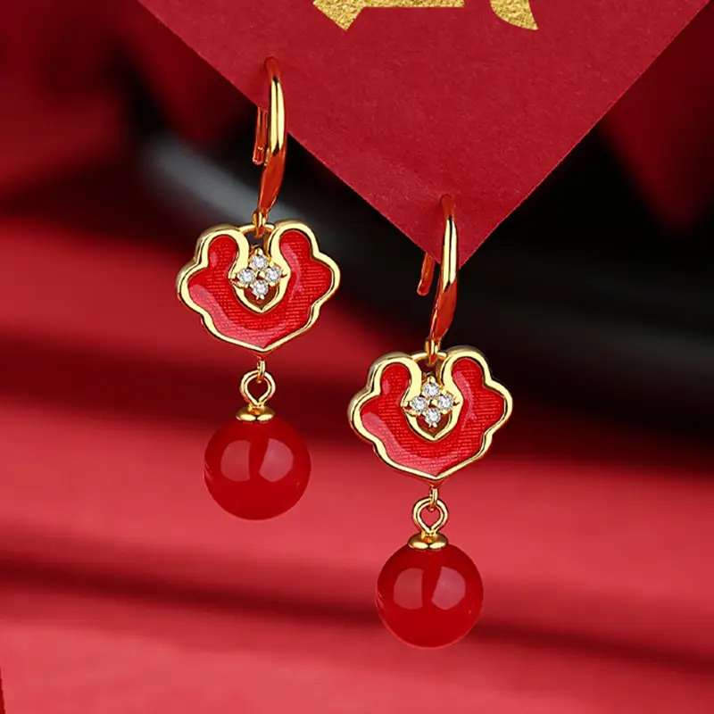Red Chinese Style Pearl Petal Tassel Earrings for Bridal Wear - Image 6