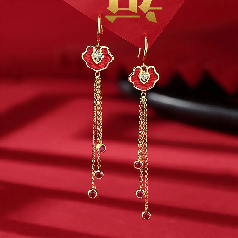 Red Chinese Style Pearl Petal Tassel Earrings for Bridal Wear - Image 7