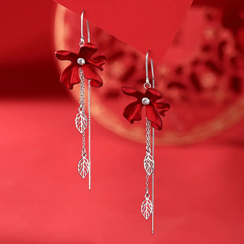 Red Chinese Style Pearl Petal Tassel Earrings for Bridal Wear - Image 9