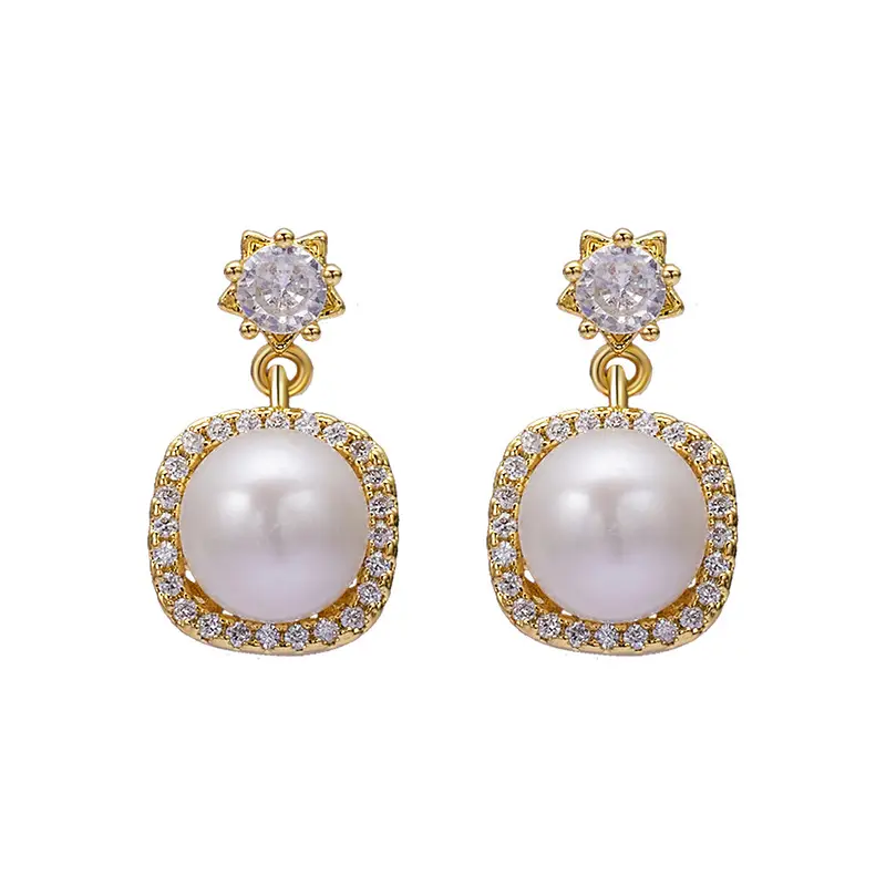 Japanese Pearl Earrings Set with Square Diamond & Zircon