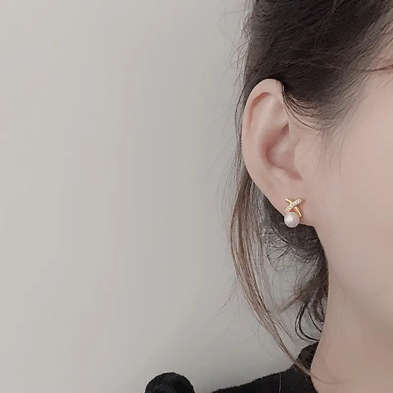 S925 Silver Pearl Cross Earrings for Women