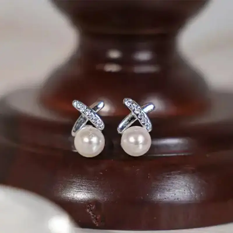 S925 Silver Pearl Cross Earrings for Women